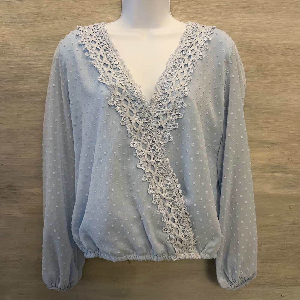 Miss Sparkling Sky‎ Blue Swiss Dot Blouse Size Medium Good Condition